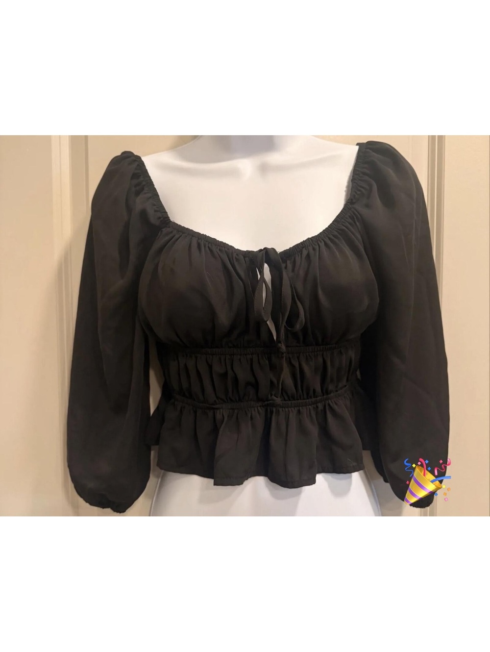 S |PaperMoon Black Puff Sleeve Tie Front Peplum Blouse Size S [COPY]